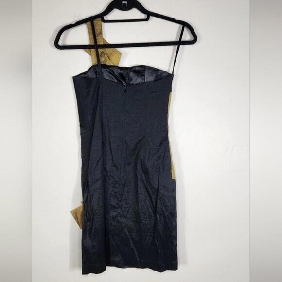 Cache VTG 80s Bodycon Dress Women’s 2 Origami One Shoulder Black Gold - Picture 3 of 5